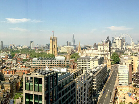 A photo of the London skyline on a clear bright day.